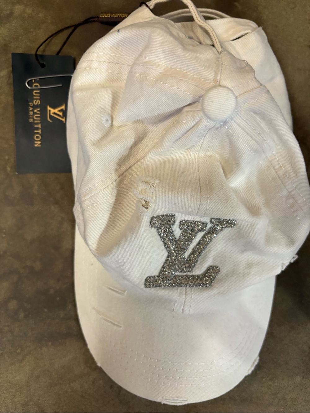 Louis Vuitton White Baseball Cap with Silver Glitter LV Patch